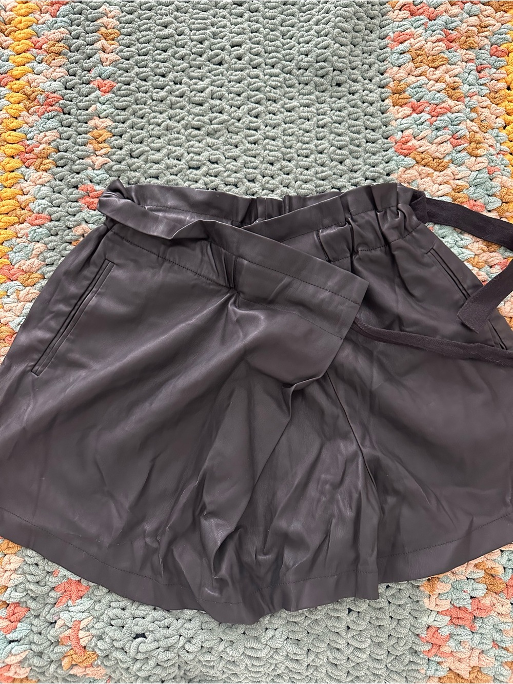 Zara Woman Black Faux Leather Paperbag Waist Shorts